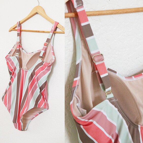 Kona Sol Scoop Neck Mint Mauve Vertical Striped Builtin Bra One Piece Swimsuit L - Picture 5 of 10
